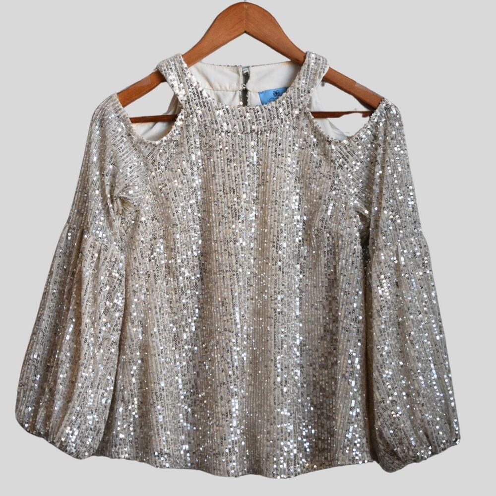 CECE Women's Sequin Open Shoulder Balloon Sleeve Blouse Silver Size XS